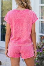 Solid Mineral Wash Cotton Casual Short Set