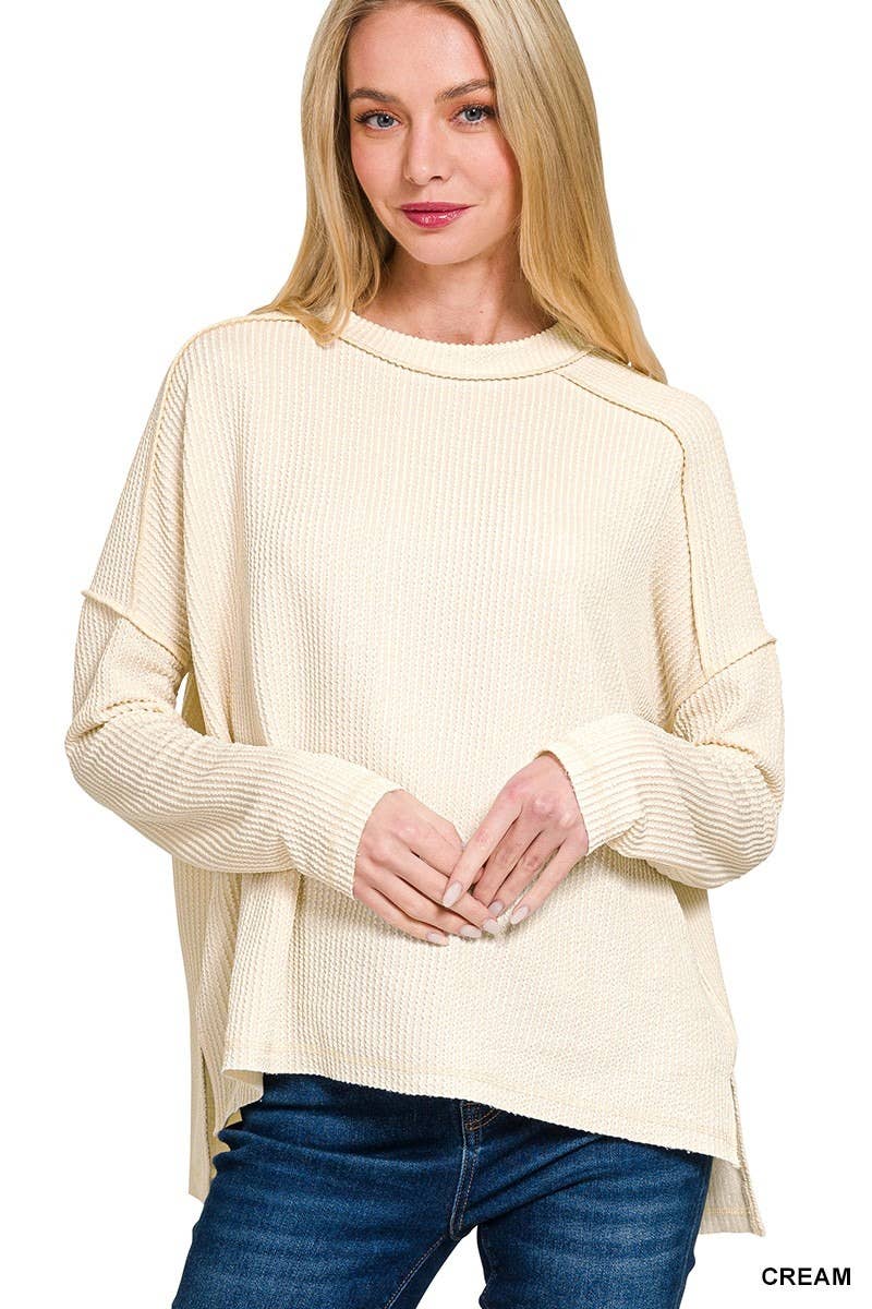 Raised Rib Raw Edge Boat Neck Long Sleeve Top