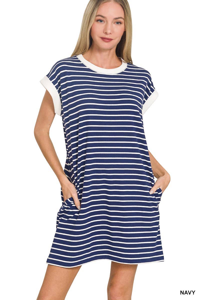 Striped Contrast Trim Rib Banded T-shirts Dress
