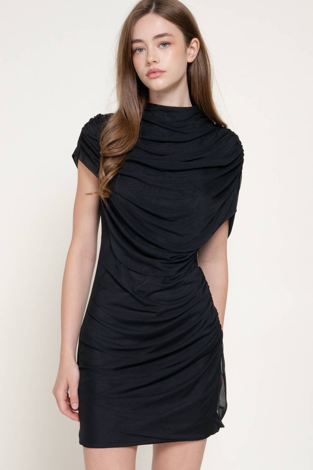 High Neck Shoulder Drape Mesh Mini Dress