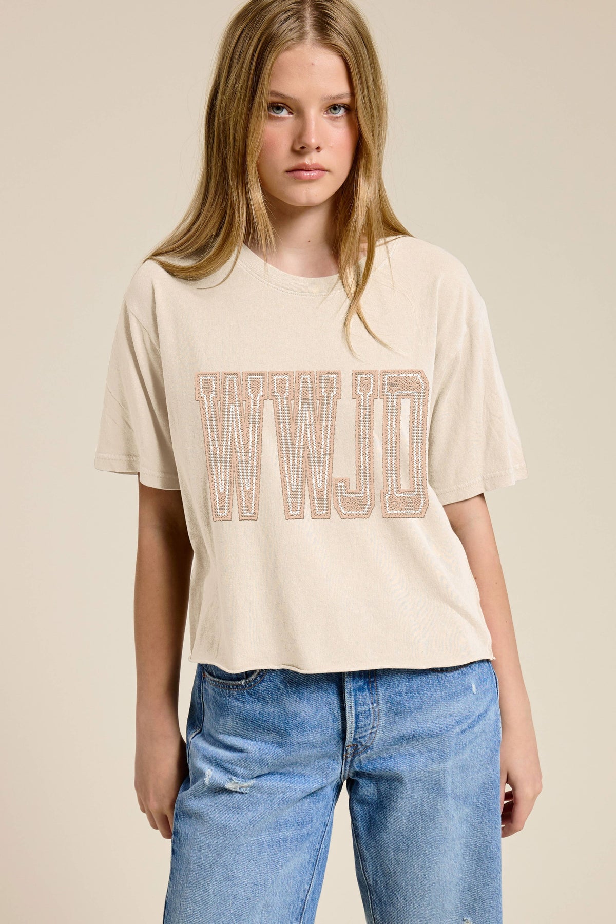 PUFF' WWJD Lace Graphic Raw Hem Faux Crop Tee