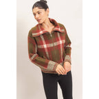 Wide Collar Plaid Zip-Up Sweater