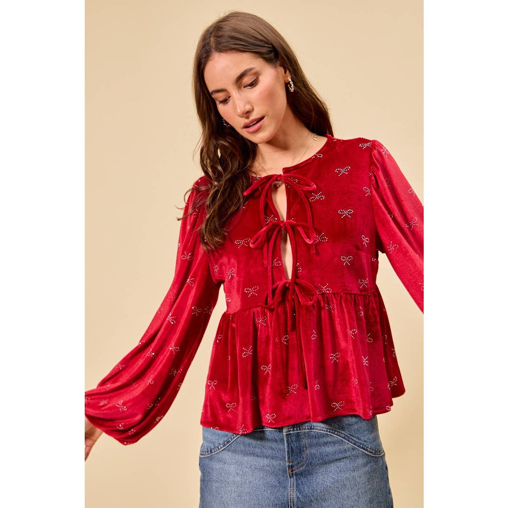 HOLIDAY CHRISTMAS RIBBON EMBELLISHED VELVET TOP