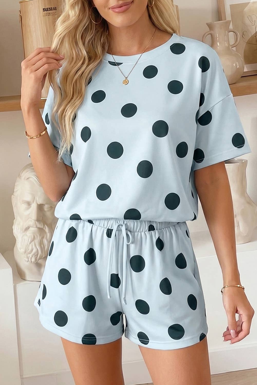 Polka Dot Print Tee and Drawstring Shorts Set (S-XL)