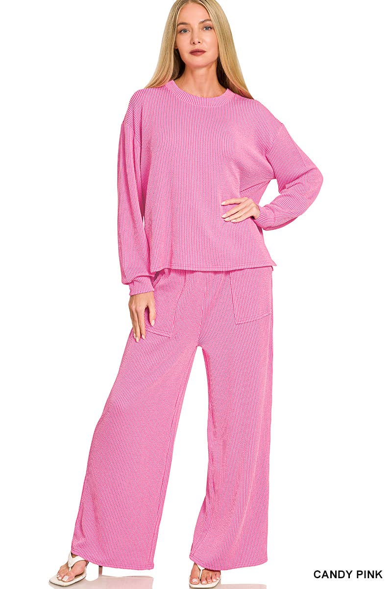 Raised Rib Round Neck Pullover & Pants 2PC Set