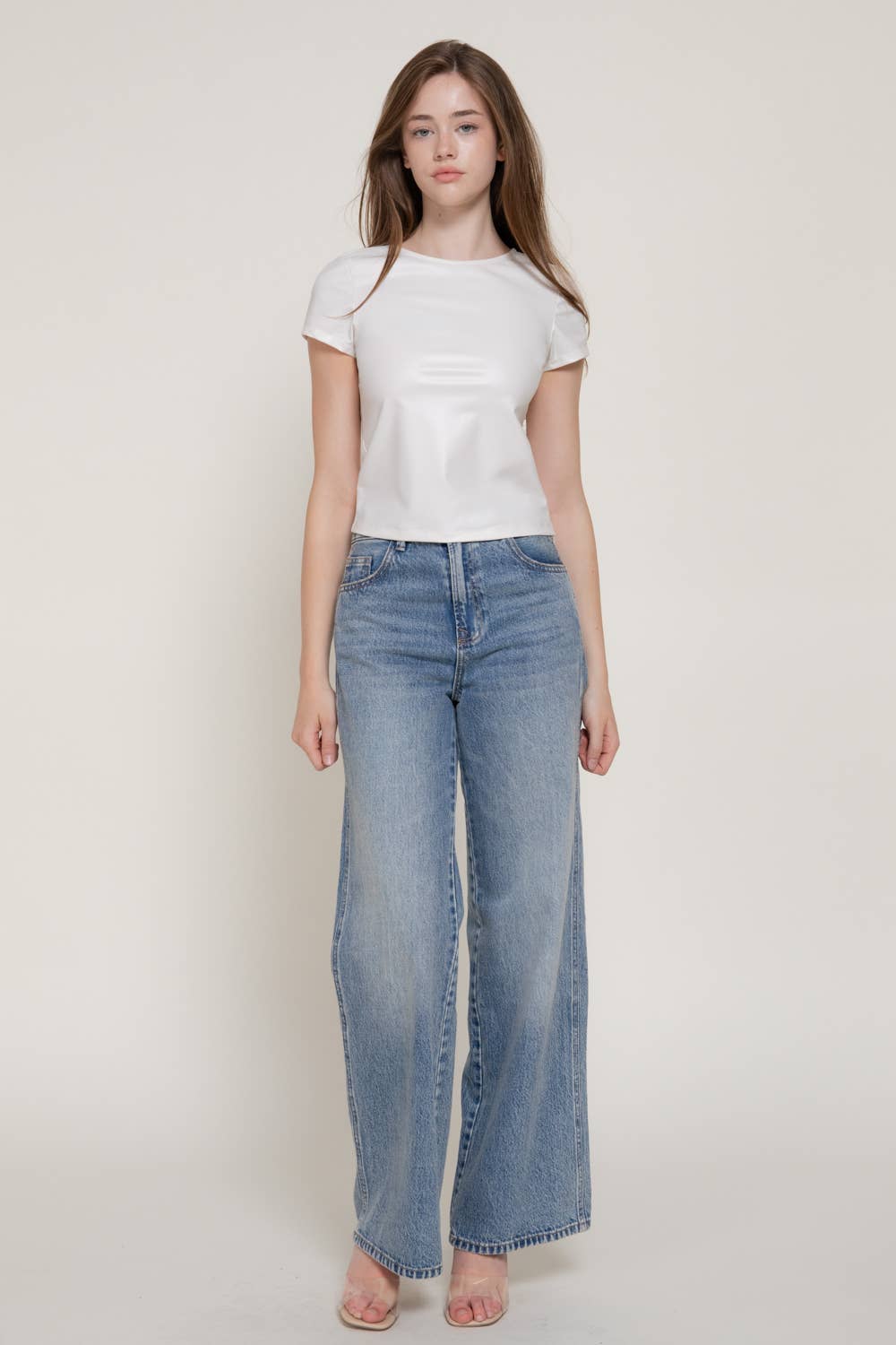Short Sleeve Round Neck Stretch Faux Leather Top