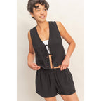 Sleeveless Tie-Front Vest And Elastic Waist Shorts Set