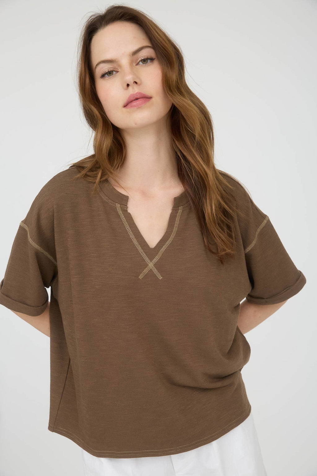CONTRAST STITCH DROP SHOULDER CUFF SLEEVE KNIT TOP