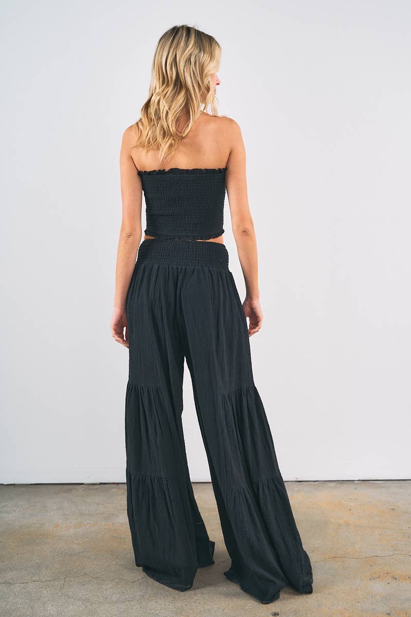 7953SET-Smocked Tube Crop Top with Wide Leg Pants Set