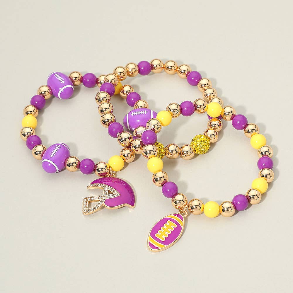 3PCS - Game Day Football Helmet Charm Beaded Stretch Multi Layered Bracelets