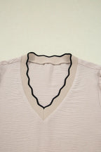 Contrast Scallop Trim V Neck Long Sleeve Blouse