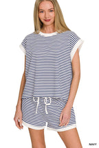 ...Stripe Contrast Trim Top & Shorts Set