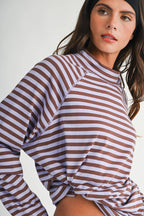 8645IN Mock Neck Yarn-Dyed Striped Oversized Long Sleeve Tee