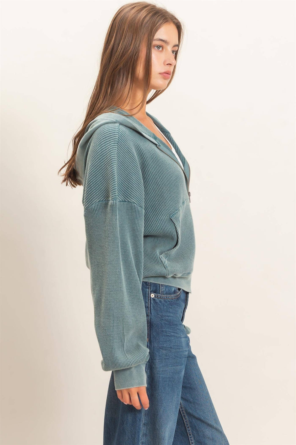 Acid Wash Waffle Knit Zip-up Hoodie