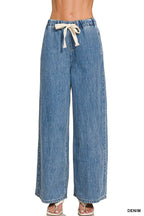 Wide Leg Drawstring Elastic Waistband Denim Pants w/ Pockets