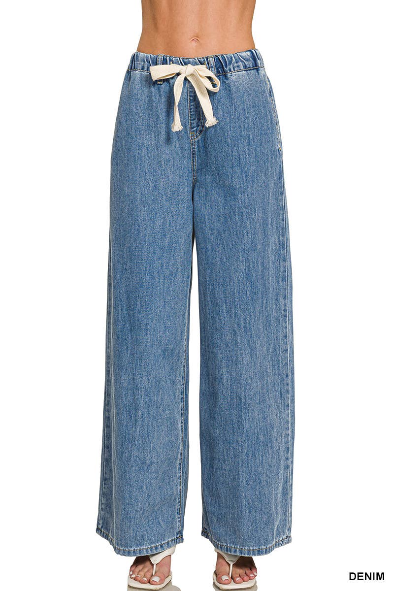 Wide Leg Drawstring Elastic Waistband Denim Pants w/ Pockets