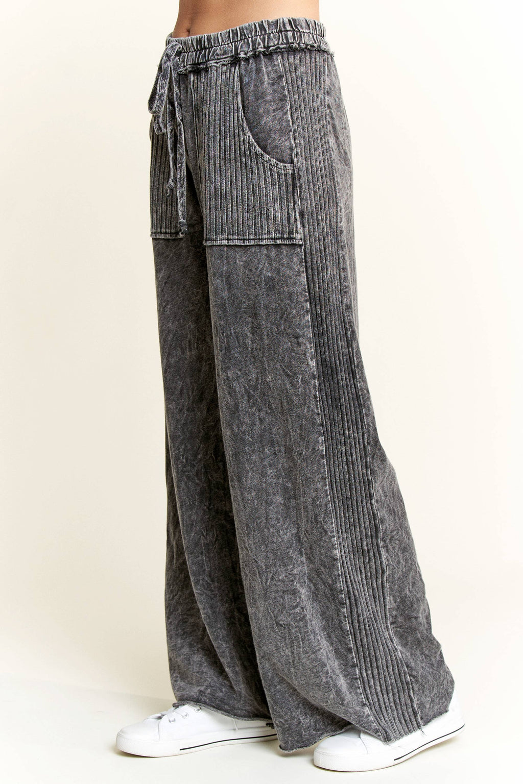 Mineral Wash Side Knit detail wide leg pants HE5878P