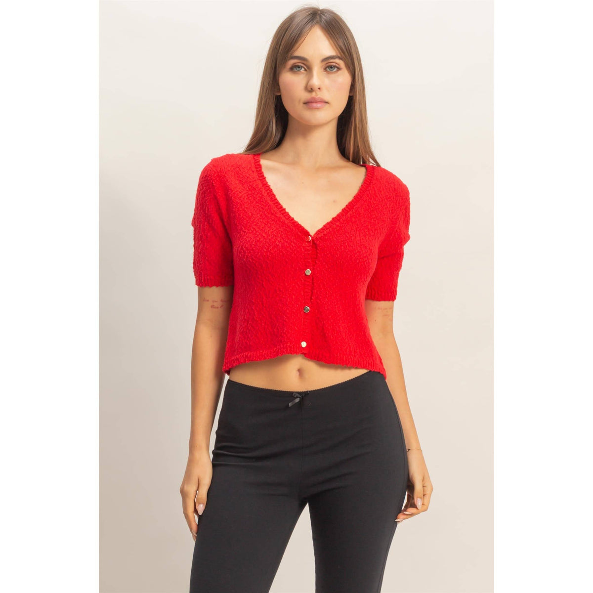 V-Neck Cropped Button Cardigan