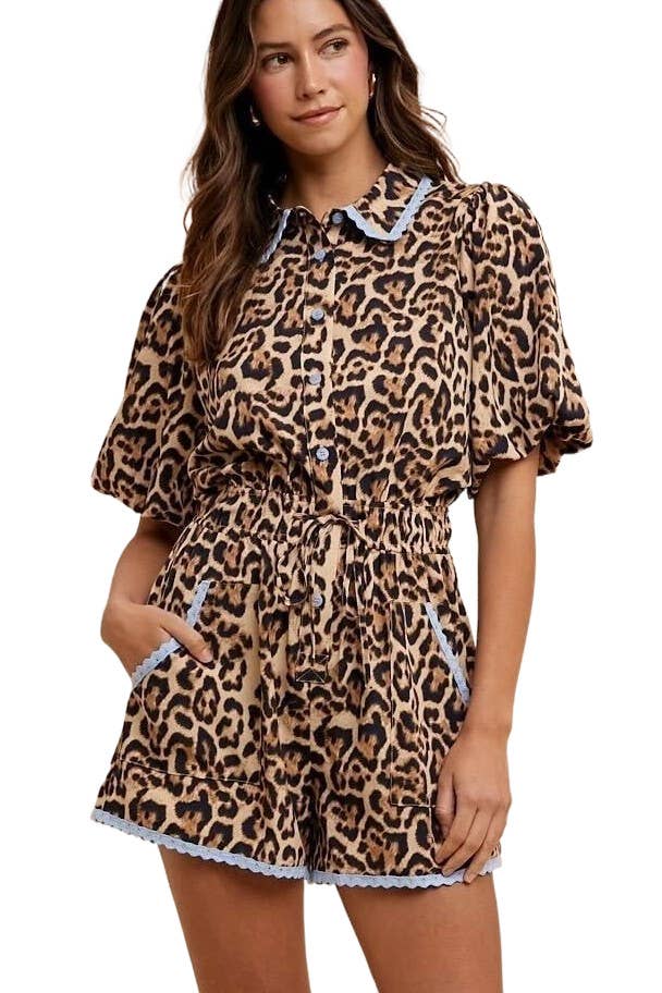 Lace Trimmed Leopard Print Button Down Romper