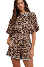 Lace Trimmed Leopard Print Button Down Romper