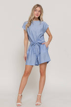 Short Sleeve Back Button Closure Detail Woven Romper