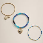 Beaded Heart Charm Stretch Bracelet Set | 3-Piece Layered Stack with Gold Accents