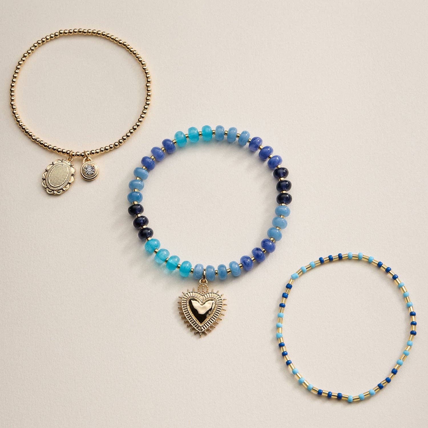 Beaded Heart Charm Stretch Bracelet Set | 3-Piece Layered Stack with Gold Accents