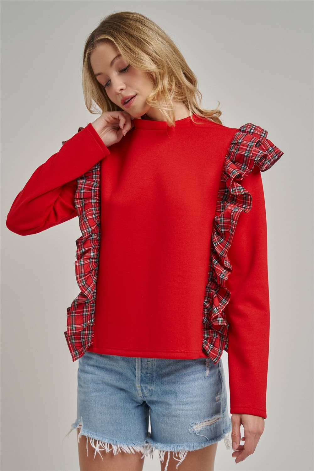 CHRISTMAS HOLIDAY BRUSHED TERRY TOP WITH PLAID_JLT00439-01