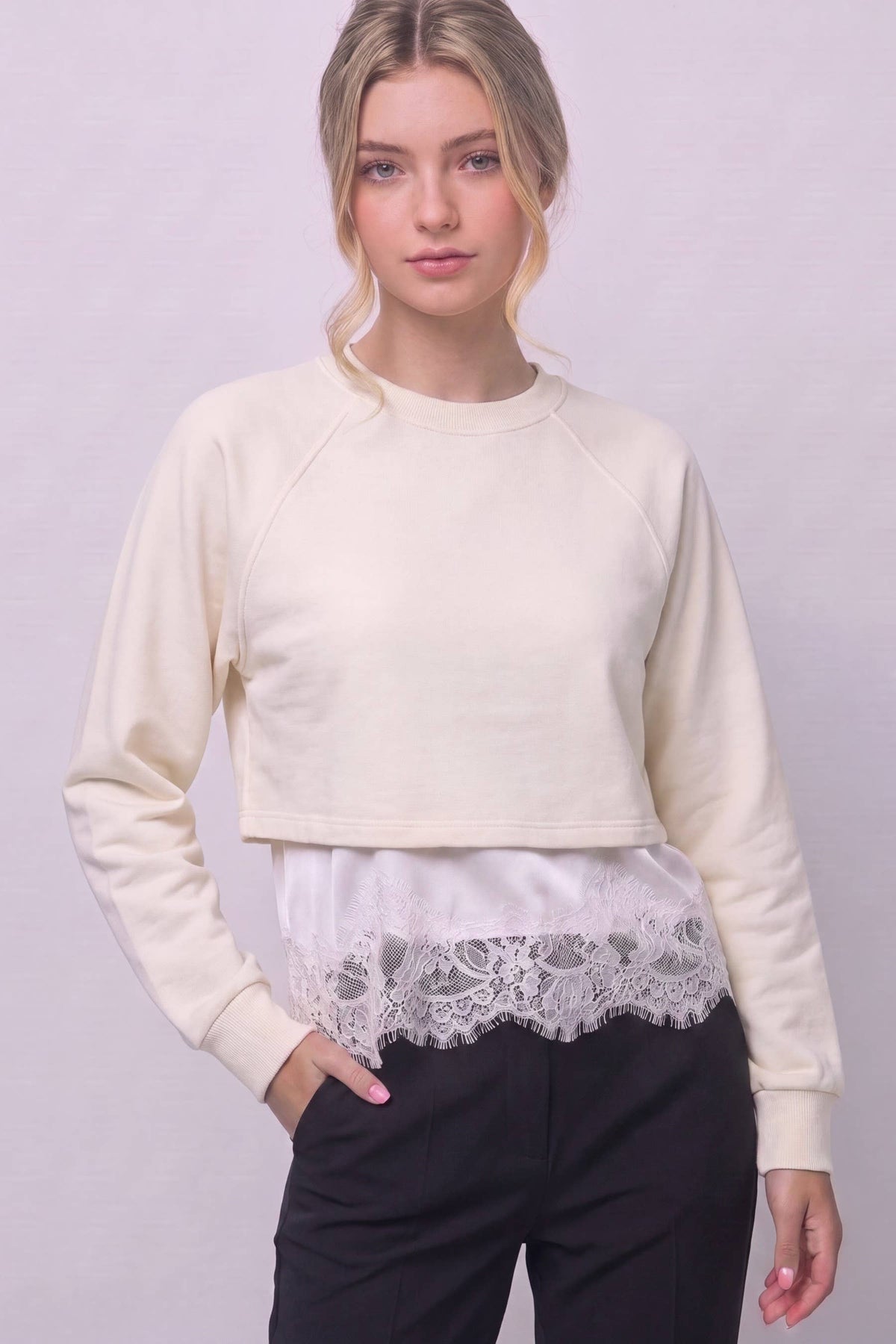 Lace-trimmed Layered Cropped Sweatshirt