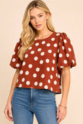 Classic Polka Dot Puff Sleeve Woven Blouse