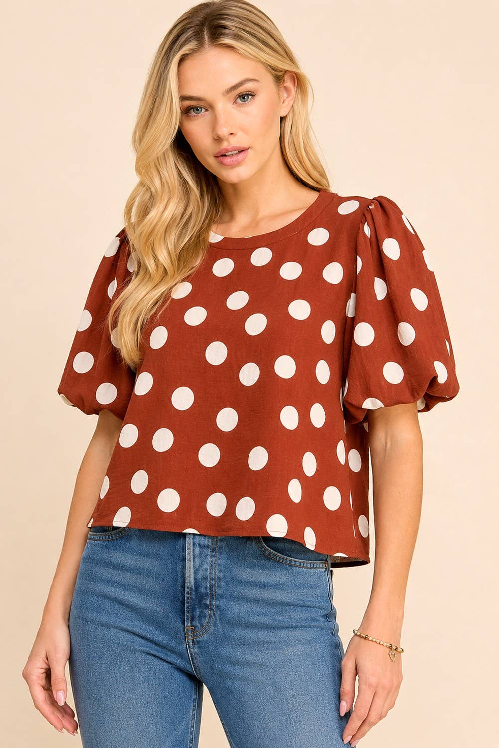 Classic Polka Dot Puff Sleeve Woven Blouse