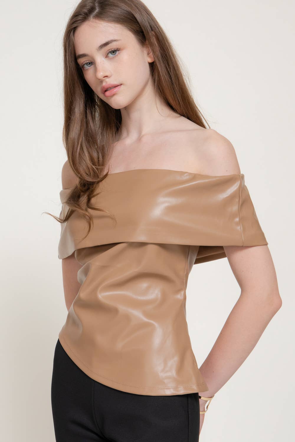Off Shoulder Assymetrical Hem Faux Leather Top