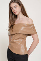 Off Shoulder Assymetrical Hem Faux Leather Top