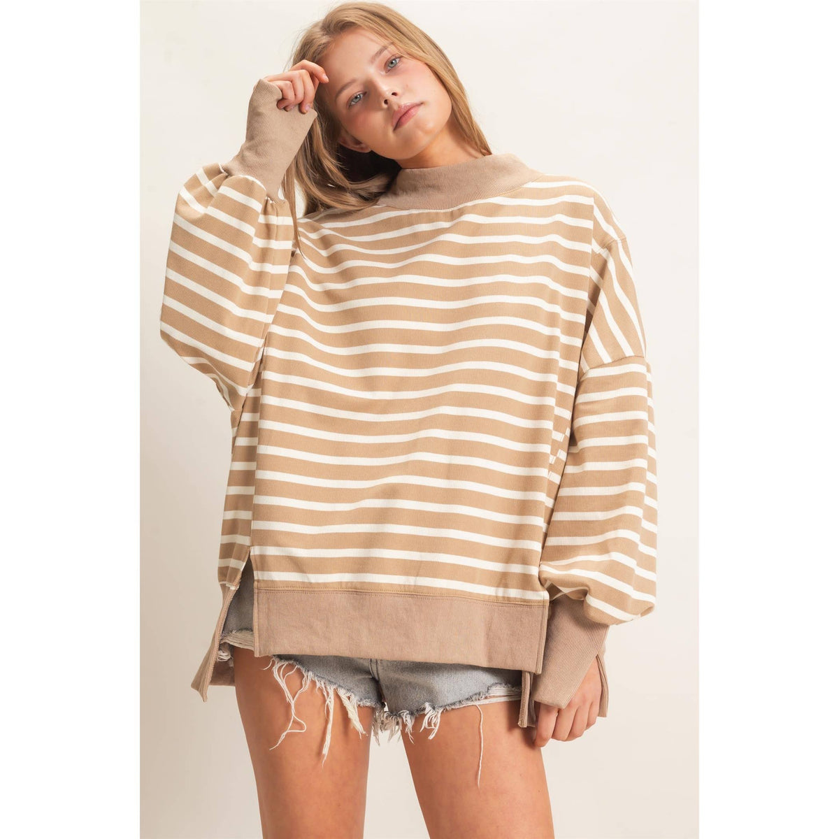 Striped Mock Neck Sweatshirt