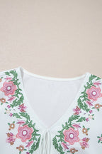 Floral Lace-Up V-Neck Babydoll Blouse