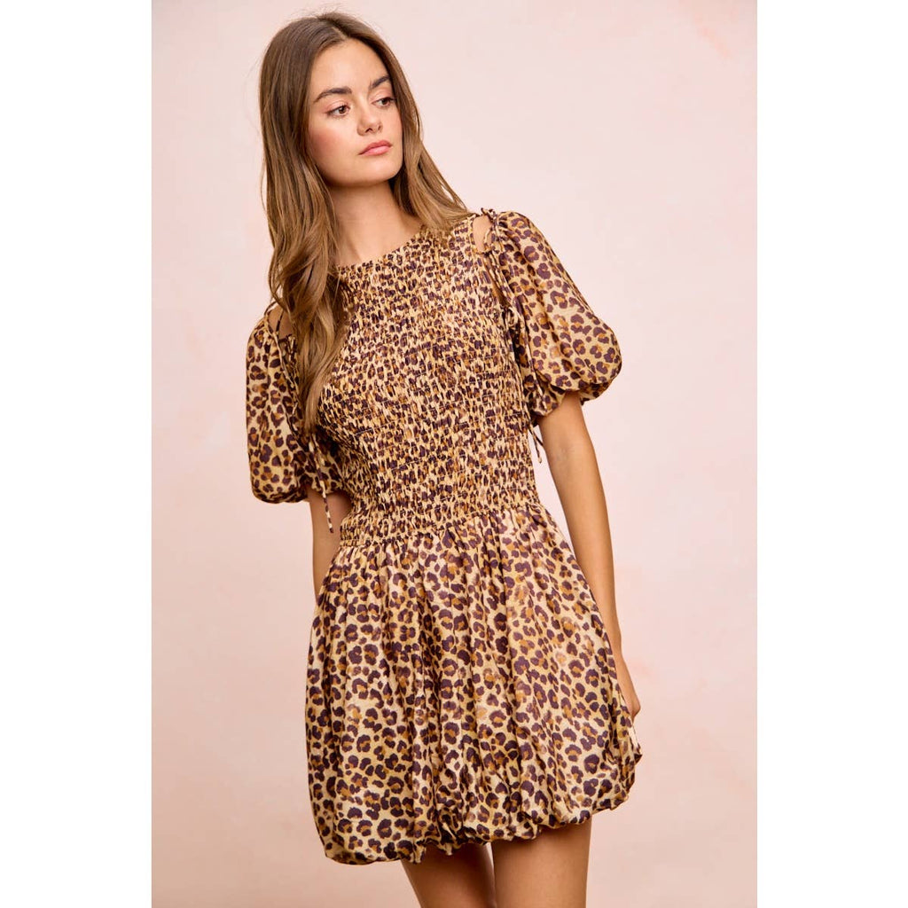 LEOPARD BOW TIE ATTACHABLE PUFF SLEEVES DRESS