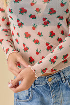 Strawberry Bow Print Long Sleeve Mesh Top