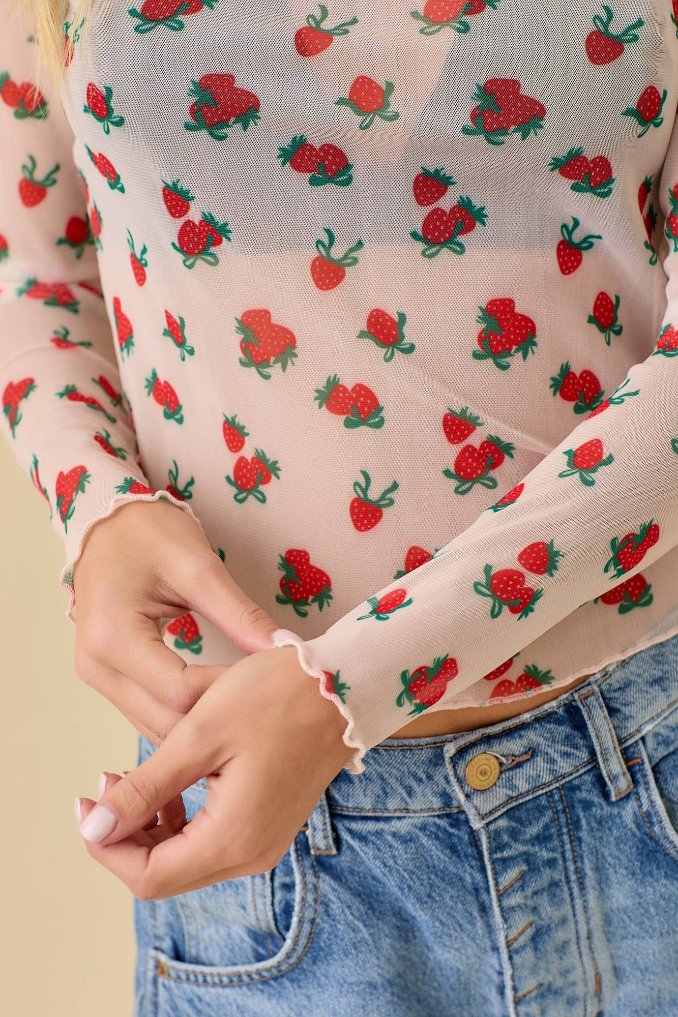 Strawberry Bow Print Long Sleeve Mesh Top