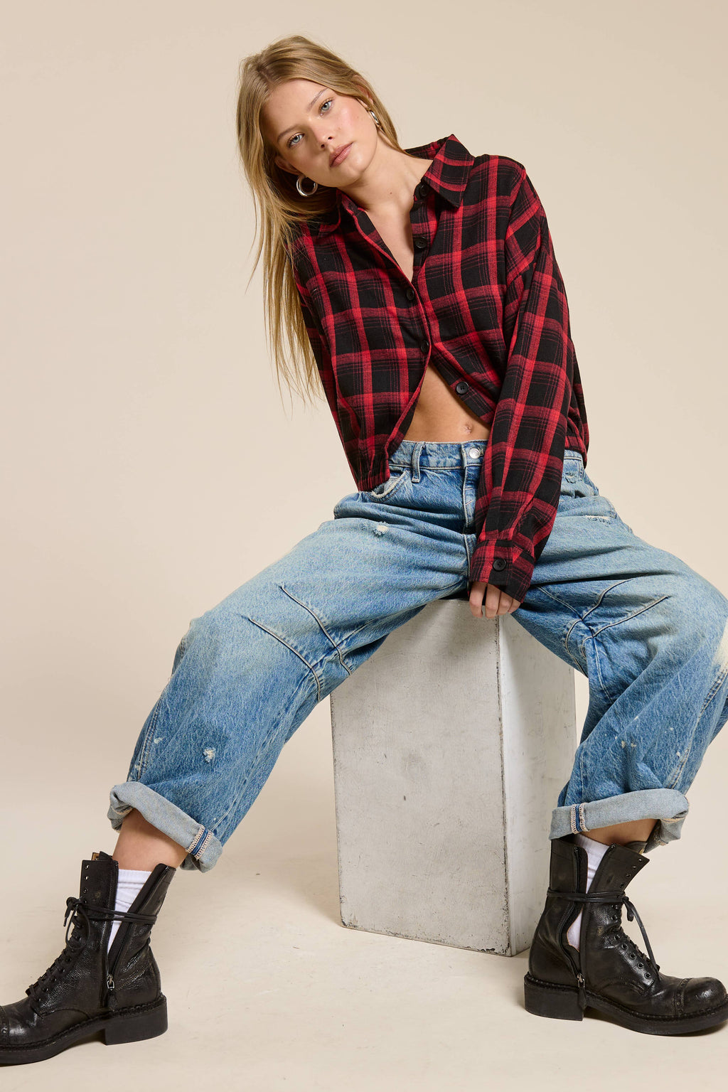 Plaid Button Up Crop Shirt