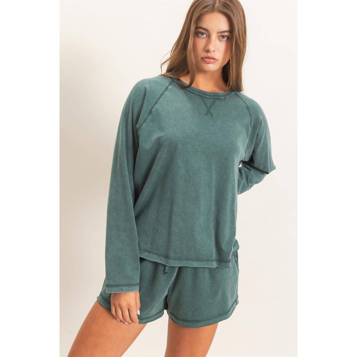 Mineral Wash Long Sleeve Raw Edge Top & Shorts Set