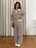Women's Knit Stripe Loungewear Set Long Sleeve Top Pants