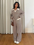 Women's Knit Stripe Loungewear Set Long Sleeve Top Pants