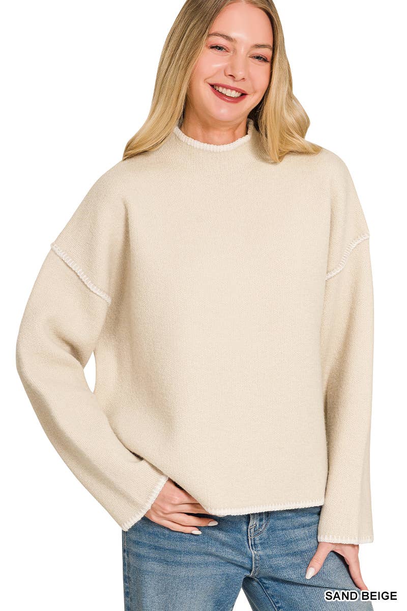 Stitch Detailed Mock Neck Sweater