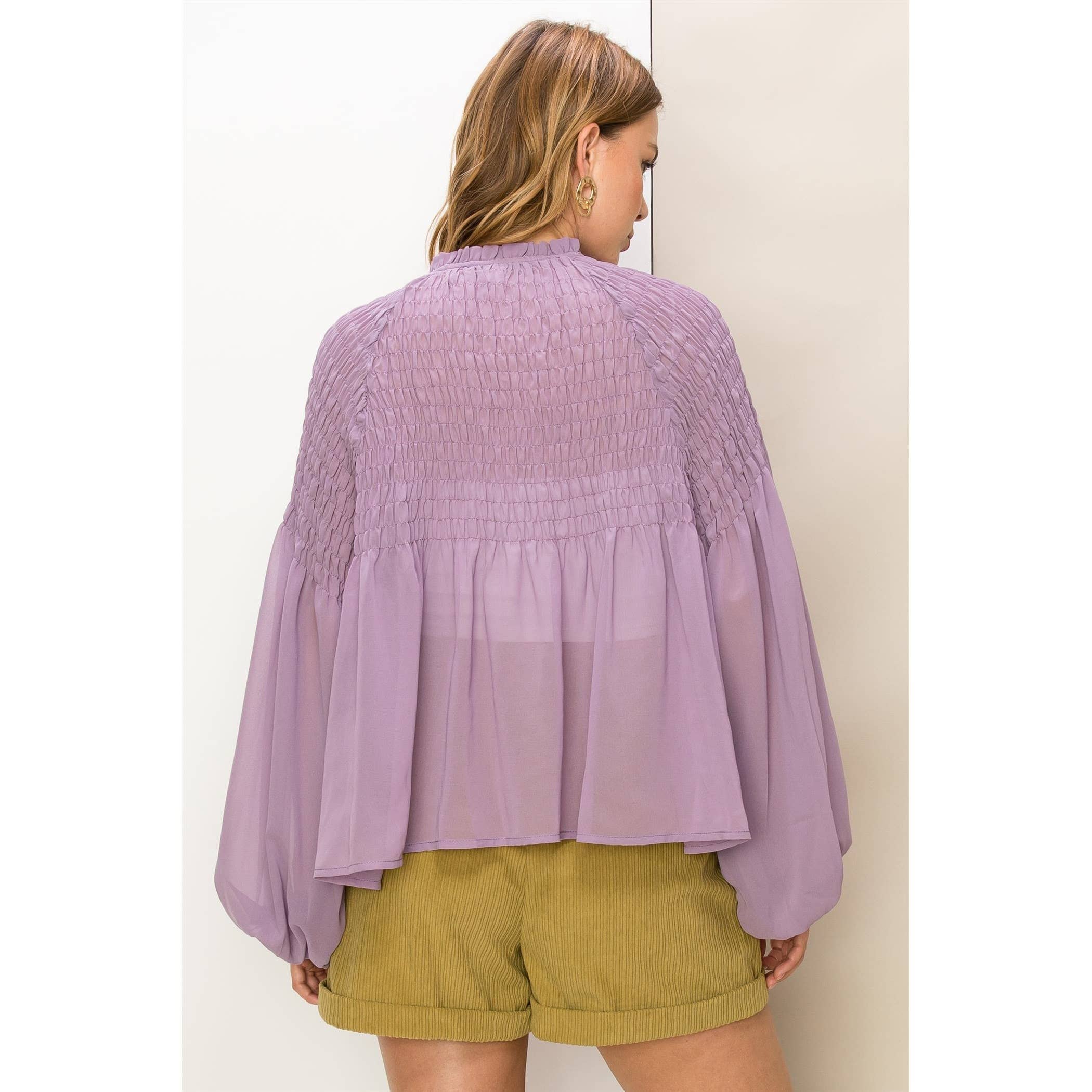 Smocked Button-Front Sheer Blouse
