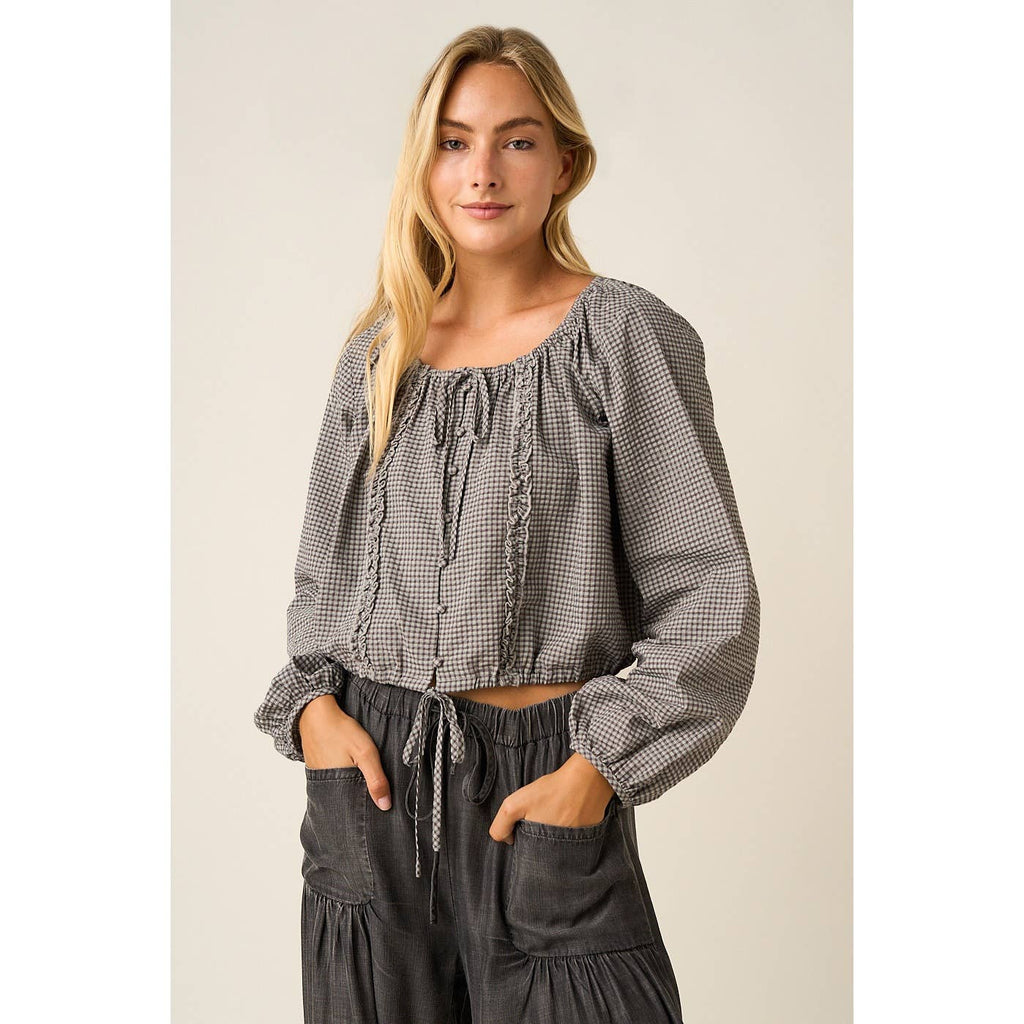 CHECKERED RUFFLE TRIM TIE FRONT LONG SLEEVE TOP