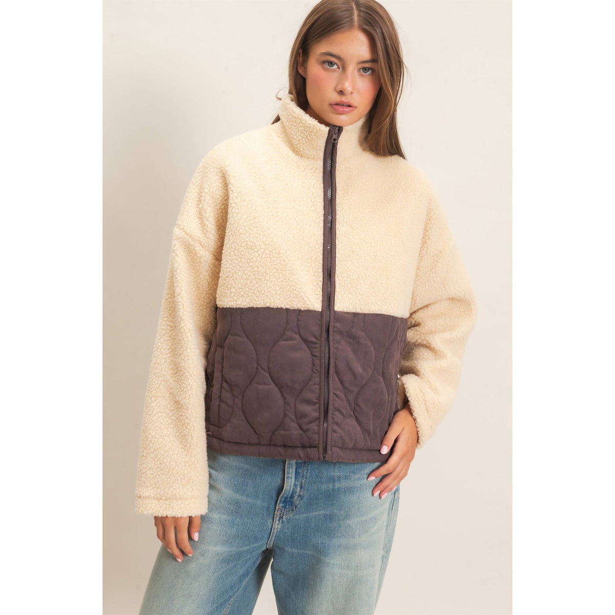 Quilted Sherpa Zip Up Jacket