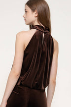 Halter Neck Shirred Hem with Inner Elastic Velvet Top