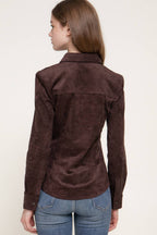 Long Sleeve Button Down Stretch Faux Suede Shirt