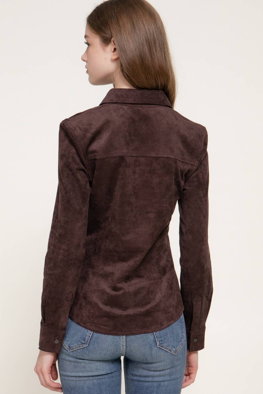 Long Sleeve Button Down Stretch Faux Suede Shirt