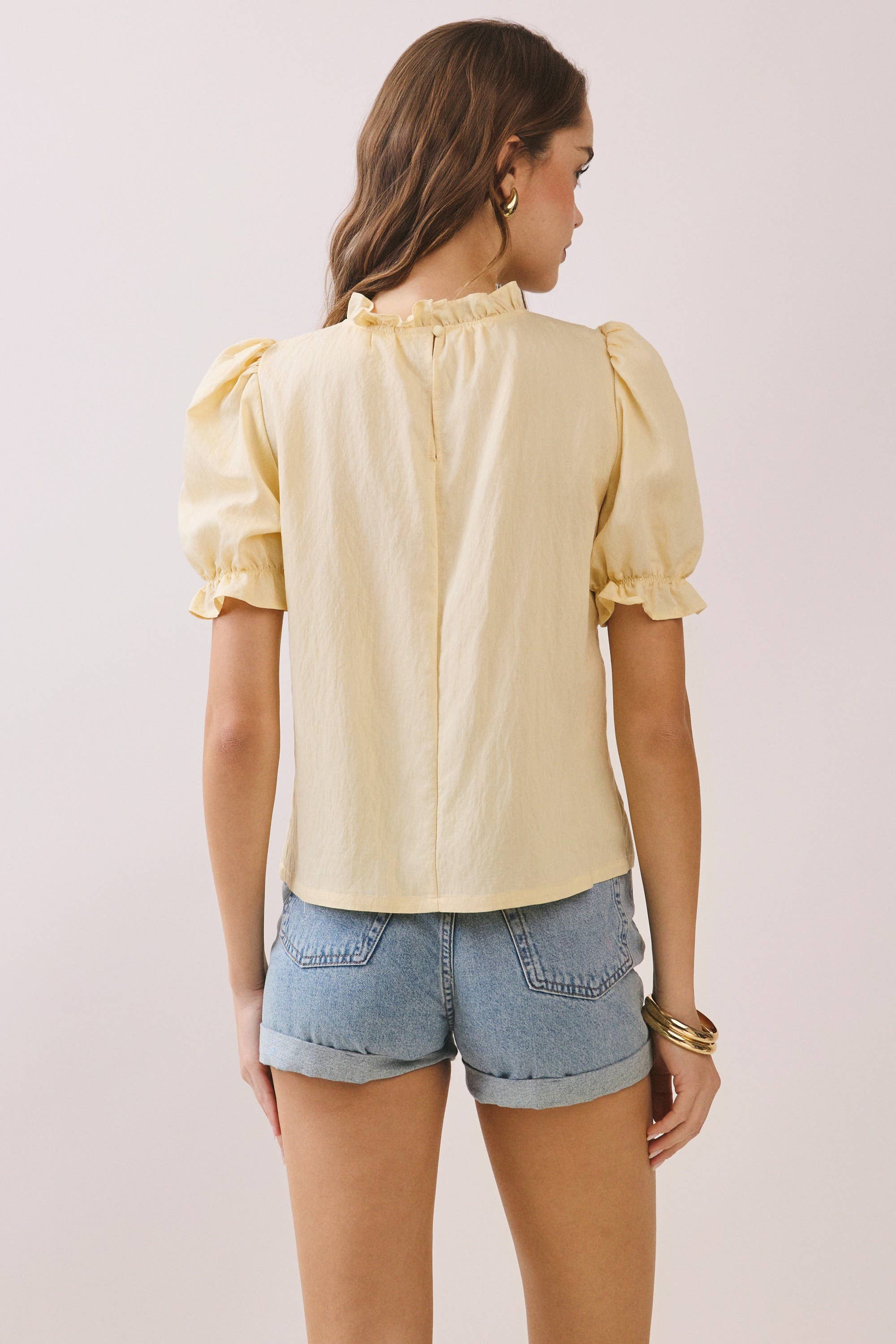 CT9787-Pleated Yoke Detail Ruffled Neckline Blouse